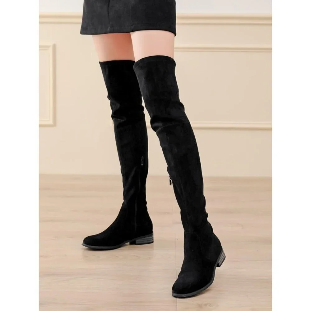🆕Women's Black Over The Knee Boots Thigh High Low Block Heel Pointed Toe Boots